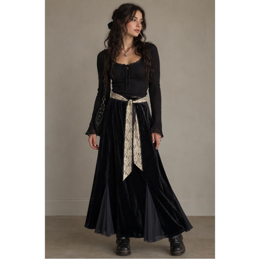 Vintage Maxi Skirt Petite S Black Velvet Sheer Panels Witchy Fairy Whimsigoth